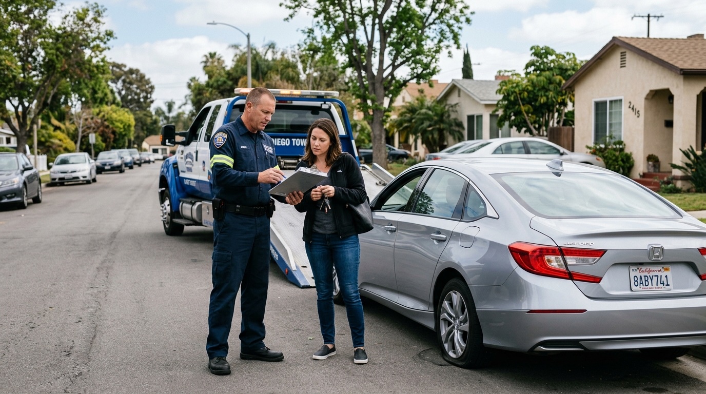 Philadelphia tow operator and customer discussing service options on an expressway shoulder