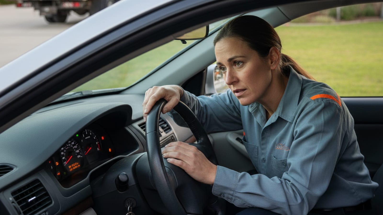 Driver checking dashboard warning lights on a parked car in a Philadelphia driveway