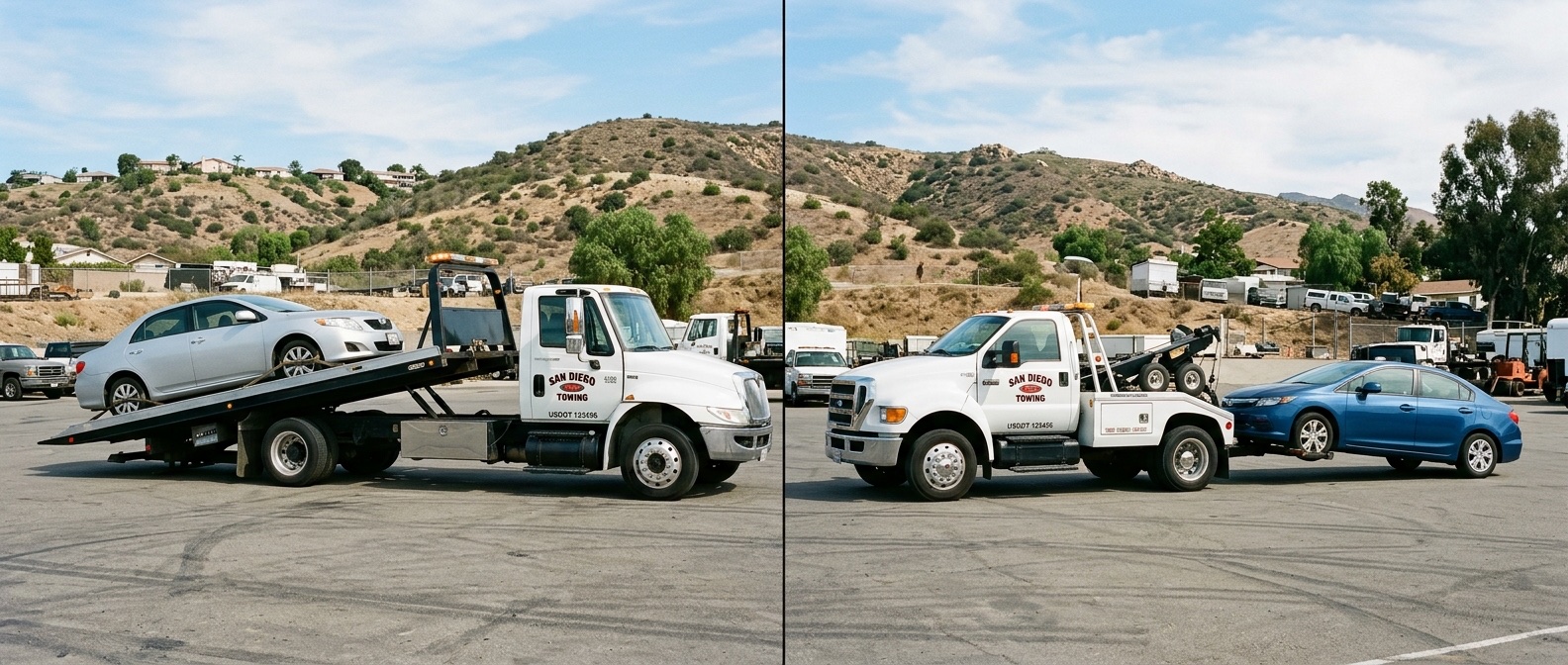 Side-by-side comparison of a flatbed tow truck and a wheel-lift tow truck loading vehicles in a Philadelphia service yard