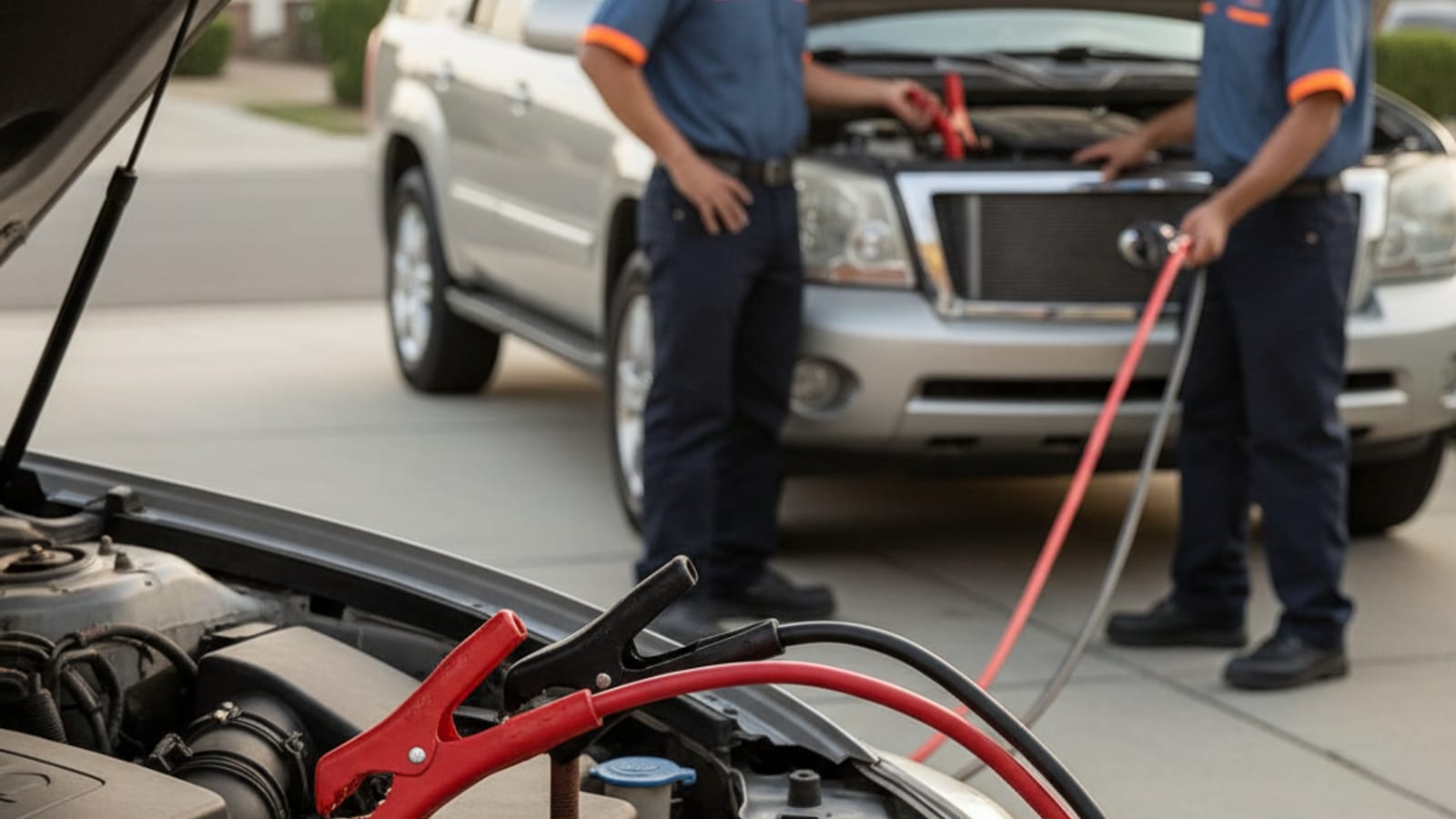 Close-up of jumper cables connected between two car batteries with the donor vehicle running in a Philadelphia driveway