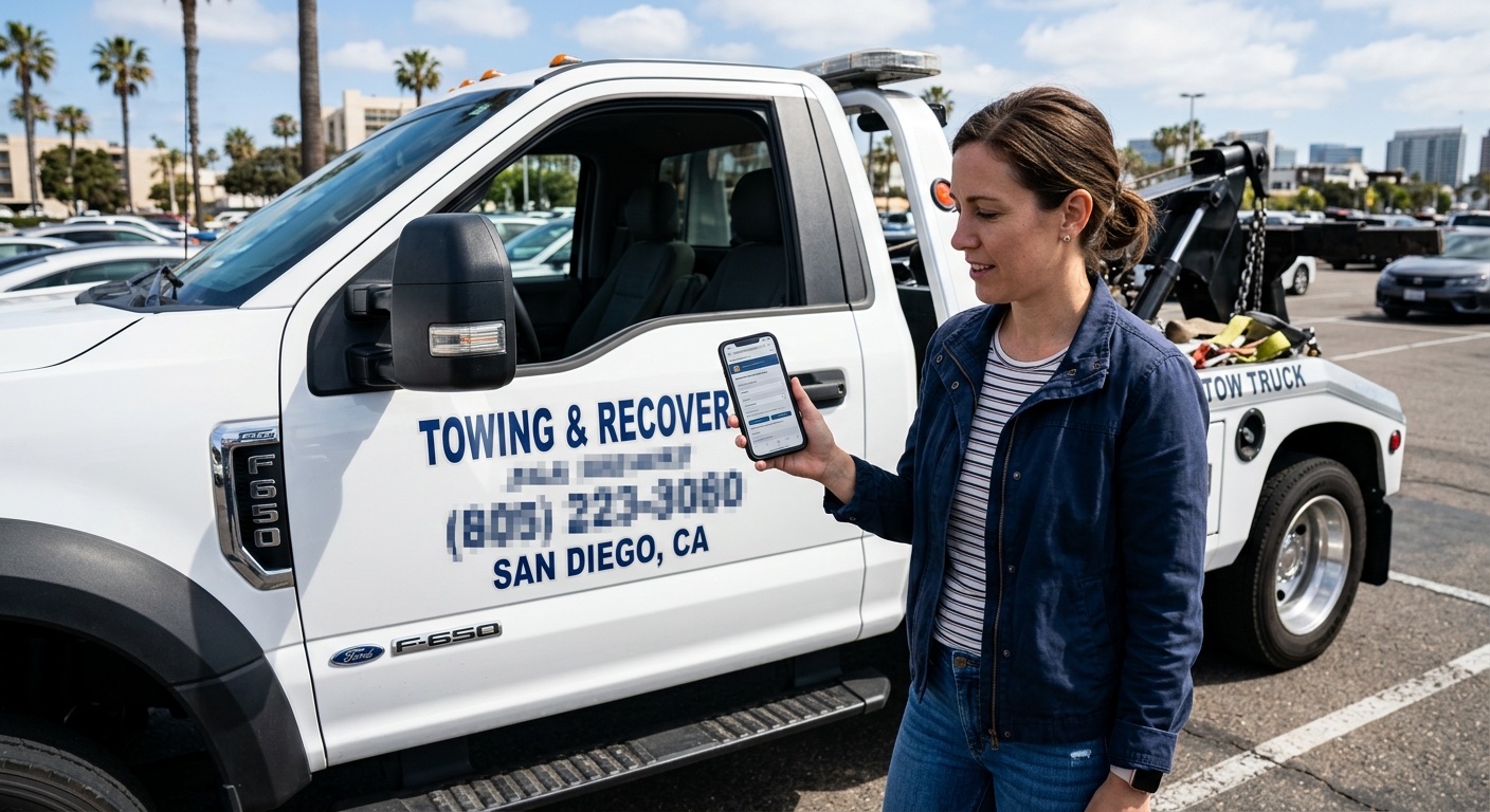 Customer checking a tow operator's credentials on a smartphone in a Philadelphia parking lot