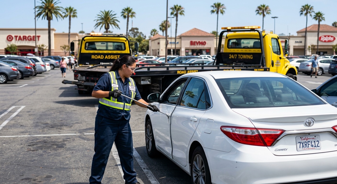 Independent operator using a long-reach lockout tool to unlock a sedan in a Philadelphia shopping center parking lot