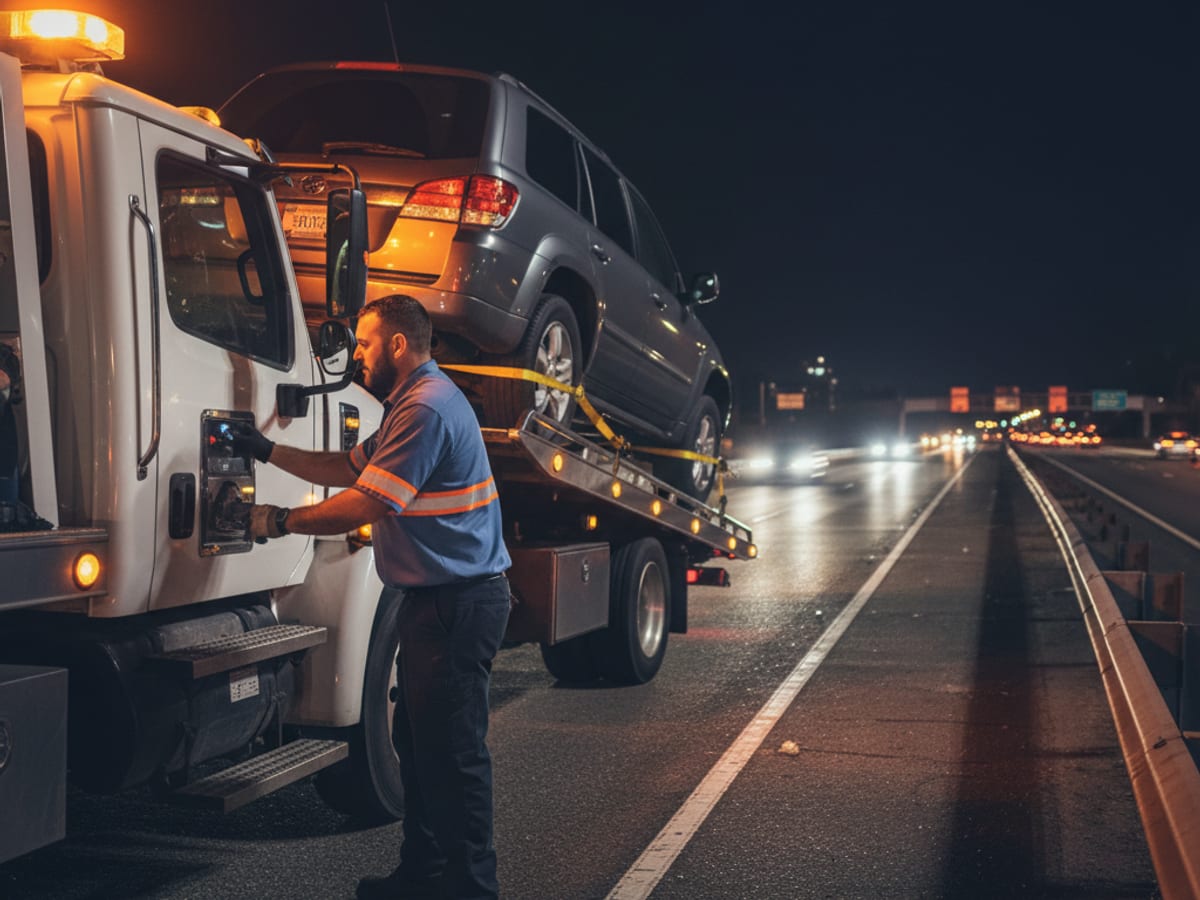 Tow truck staged for a city vehicle recovery