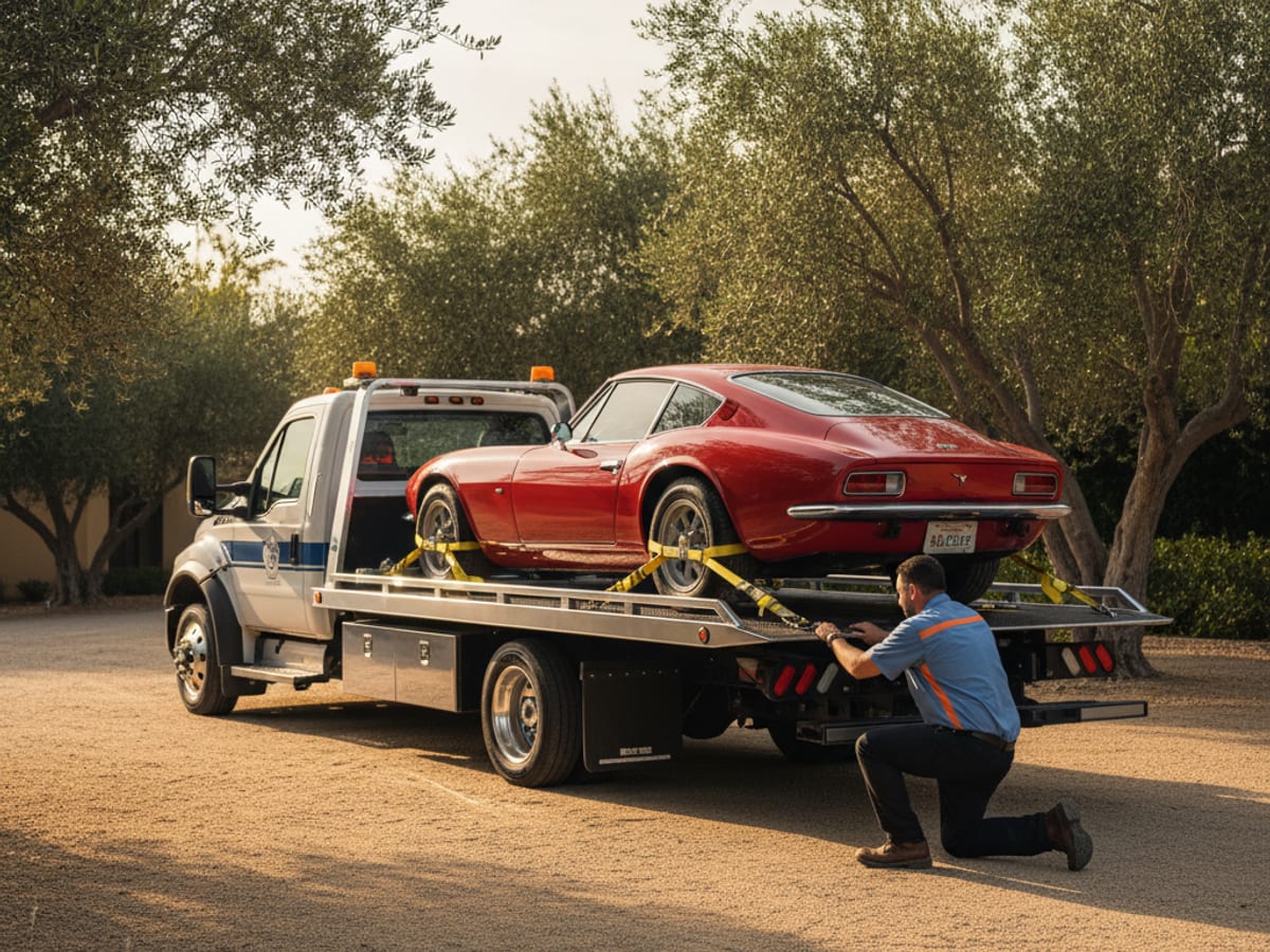 Independent operator low-clearance flatbed carefully loading a classic Porsche with soft-tie wheel nets in a Philadelphia suburb