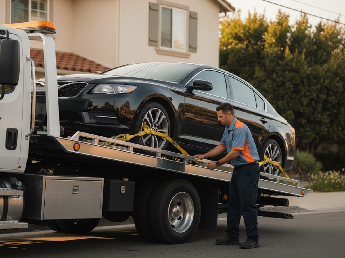 Independent operator rollback flatbed loading a Tesla with soft straps on a residential Philadelphia street
