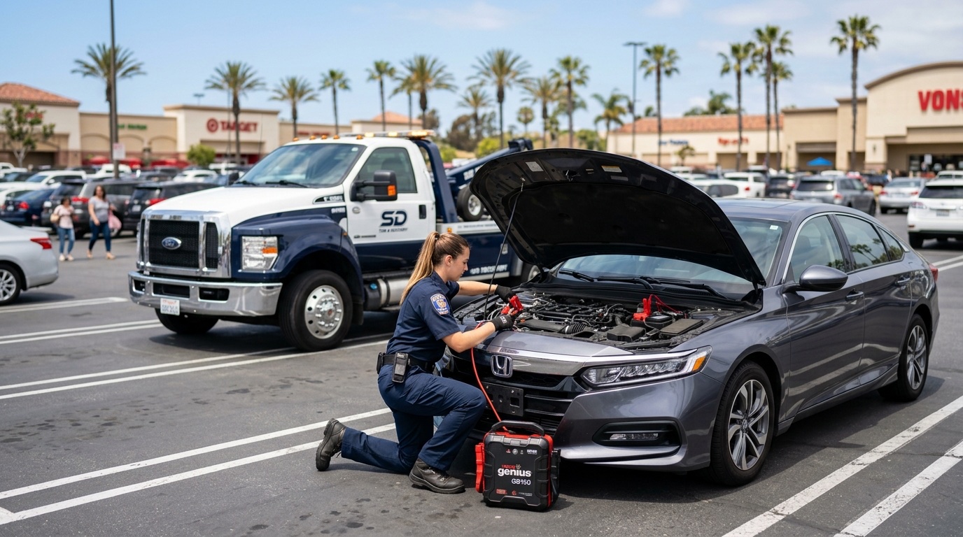 Independent operator connecting a commercial jump pack to a dead battery in a Philadelphia parking lot during daylight