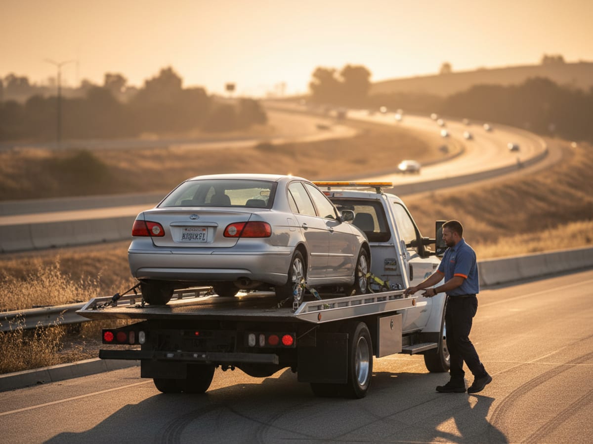 Independent operator preparing a flatbed for a long-distance interstate tow at sunrise on the I-95 shoulder