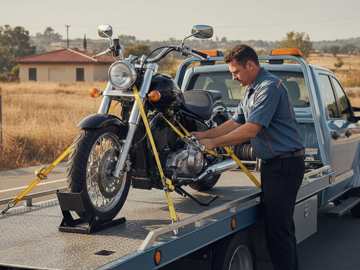 Independent operator securing a Harley-Davidson cruiser on a low-deck flatbed near Kelly Drive