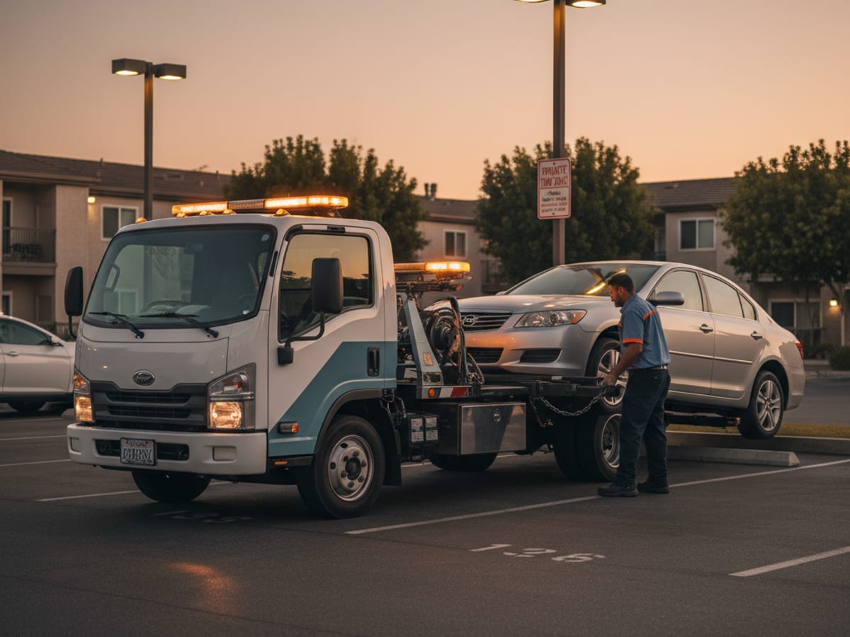 Independent operator truck working a permit-parking apartment complex lot in a Philadelphia suburb at dusk