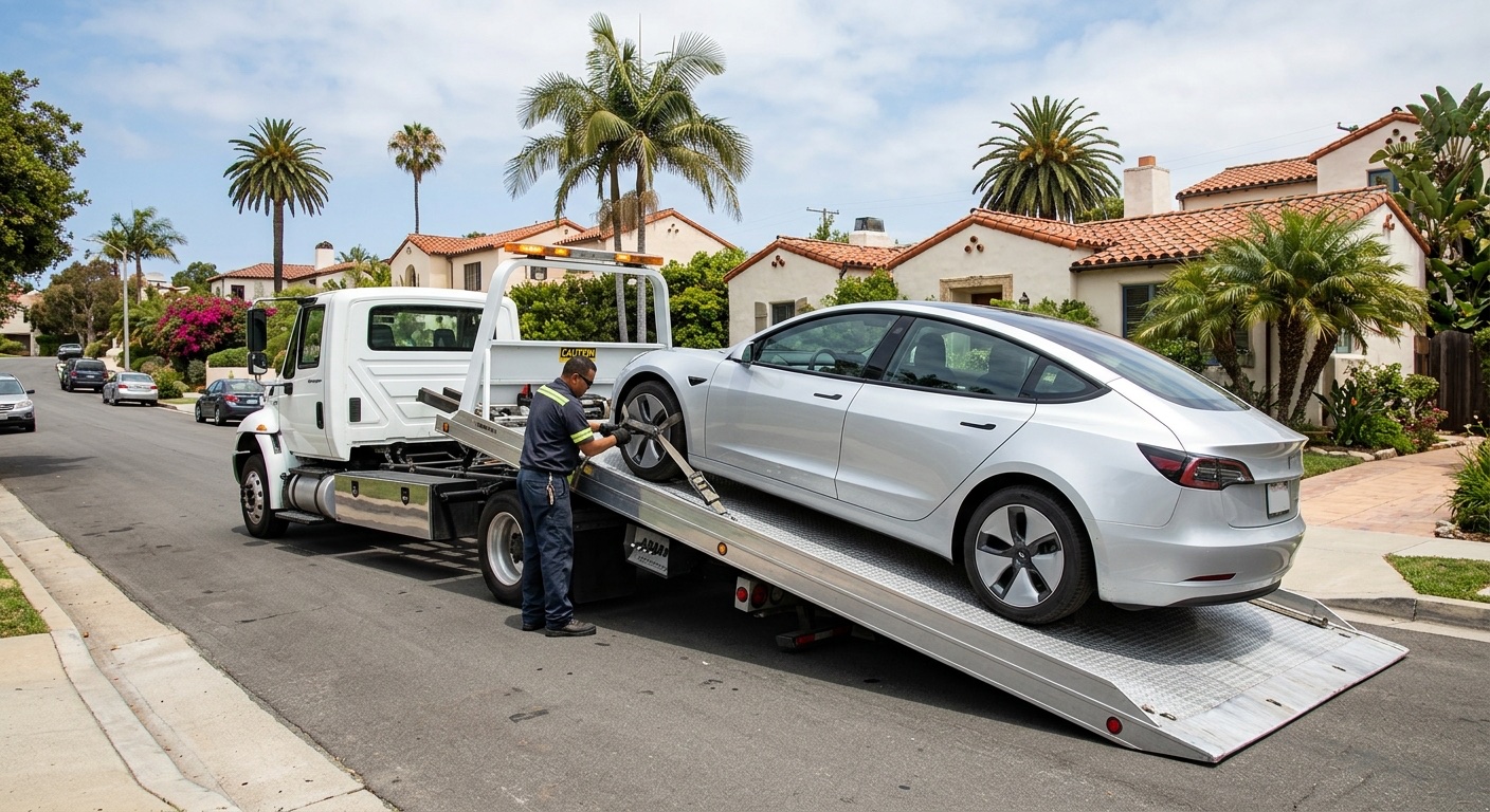 Electric vehicle secured on a flatbed deck