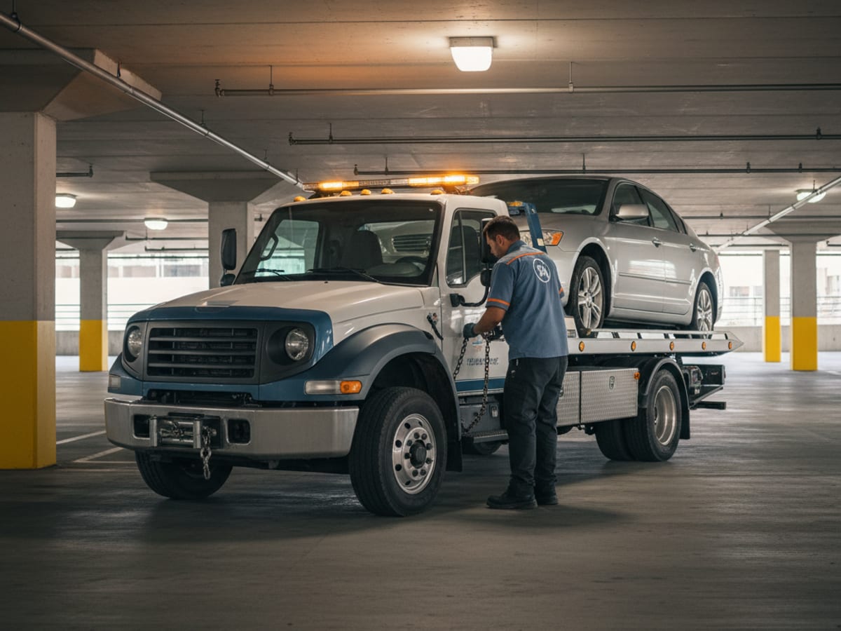Independent operator wheel-lift truck hooking a Honda sedan on a narrow Philadelphia side street